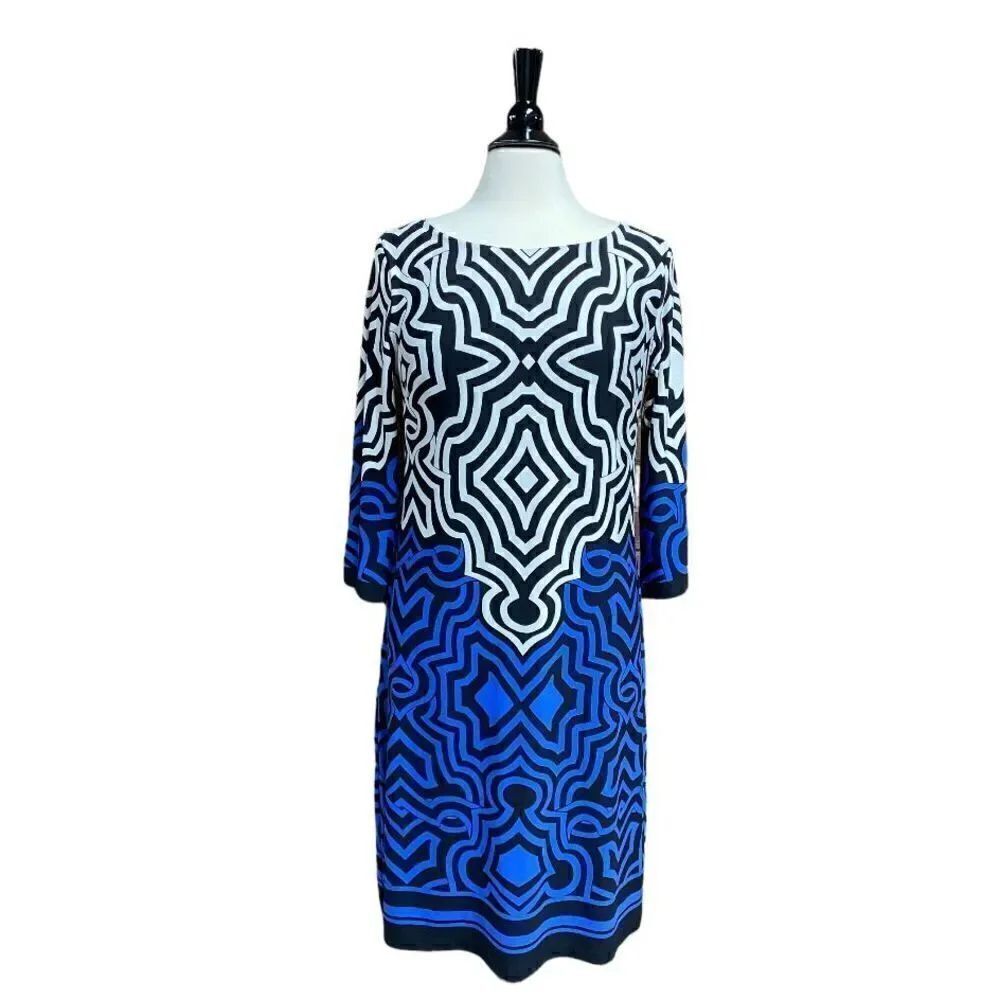 Enfocus Studio Blue & Black Multi 3/4 Sleeve Sheath Dress Size 8